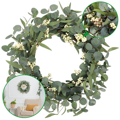  Artificial Eucalyptus Wreath for Front Door Decor Fall Wreath Green Leaf Wreath for Farmhouse Wall Decor Window Front Porch Decor Patio Garden Decor