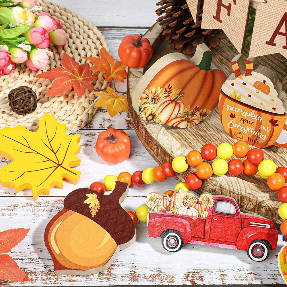 Fall Tiered Tray Decor, Pumpkin Maple Leaves Wooden Tabletop Signs Happy Fall Wood Block Autumn Truck Acorn Decorative Ornaments for Fall Thanksgiving Farmhouse Party Supplies, 11 PCS