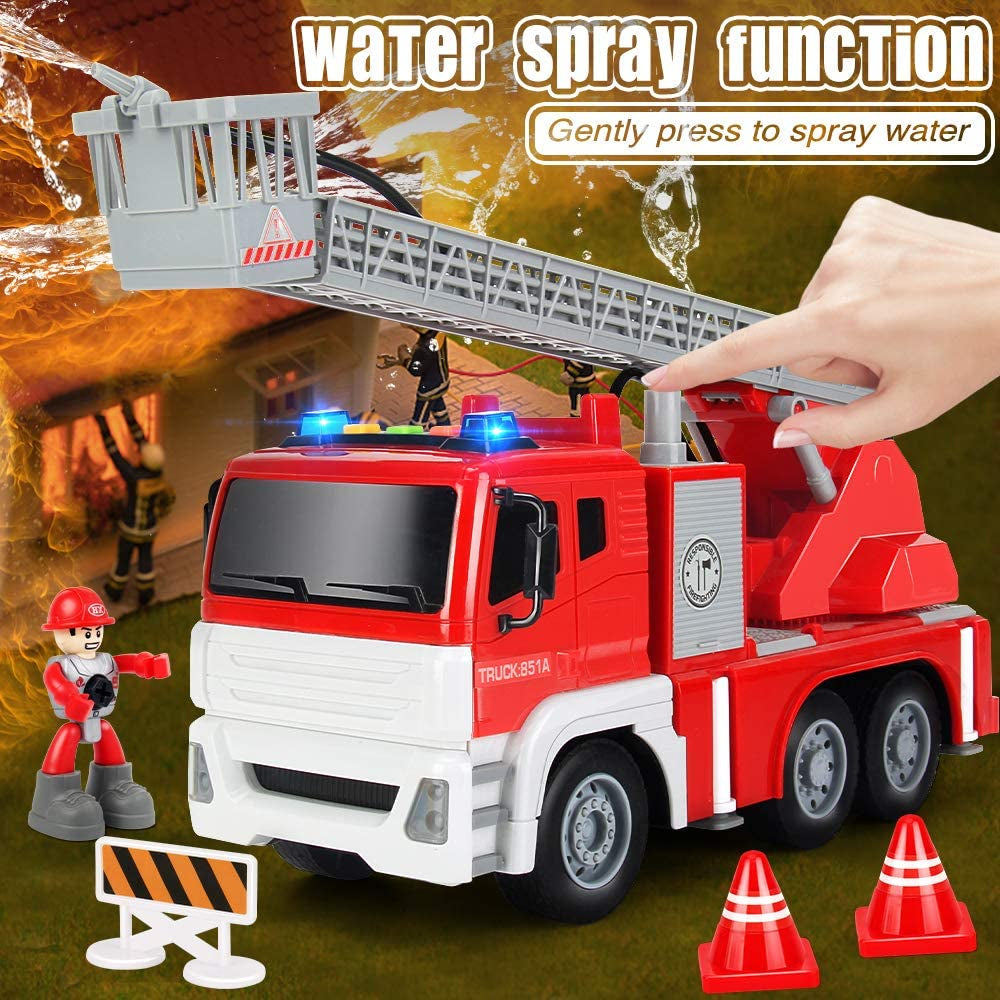 Toy Fire Truck with Lights and Sounds - 4 Sirens - Extending Ladder - Friction Powered Fire Engine Vehicles Toys Gift for for Kids Toddlers Boys & Girls