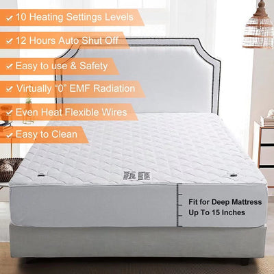 MAEVIS Heated Mattress Pad Dual Control King Size All Season,10 Heat Setting,Quilted Electric Mattress Pads Fit up to 15" with 1-12 Hours Auto Shut off (White, King(78"X80"))