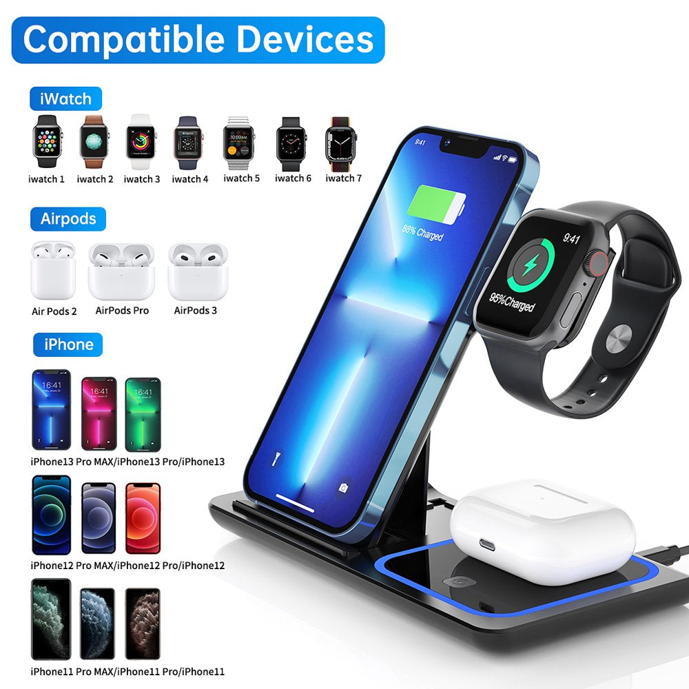 3 in 1 Wireless Charger Stand - Fast Charging Station for Apple Watch, Airpods, and iPhone