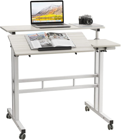 Adjustable Rolling Desk Standing Desk, Dlandhome Sit-Stand Desk Cart Mobile Computer Desk Stand up Desk Office Desk Riser Standing Table Workstation Mobile Desk, Maple