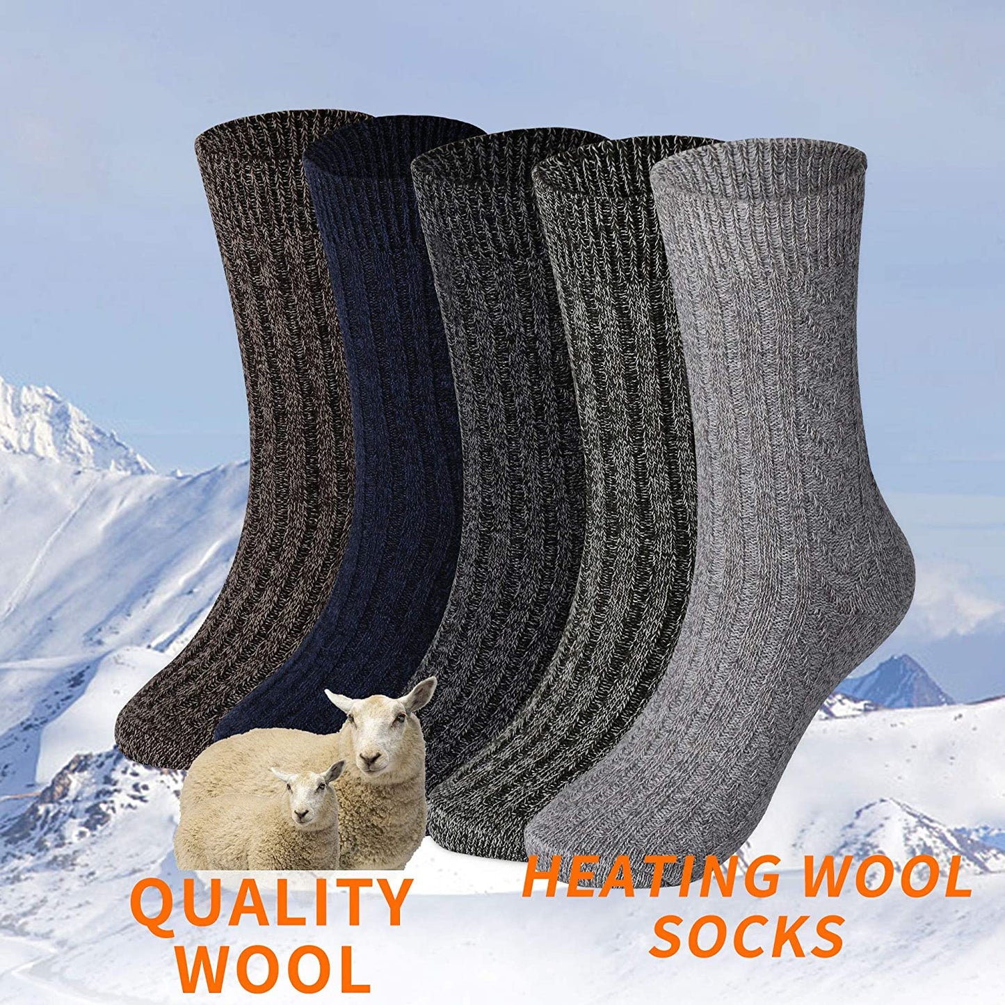 5 Pairs Mens Warm Wool Socks Thick Winter Thermal Stripe Wool Crew Socks