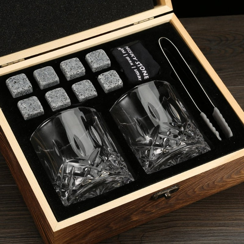 Whiskey Stones Glass Gift Set - Bourbon Scotch Whiskey Glass Set of 2 - Granite Chilling Rocks in Premium Wooden Box 