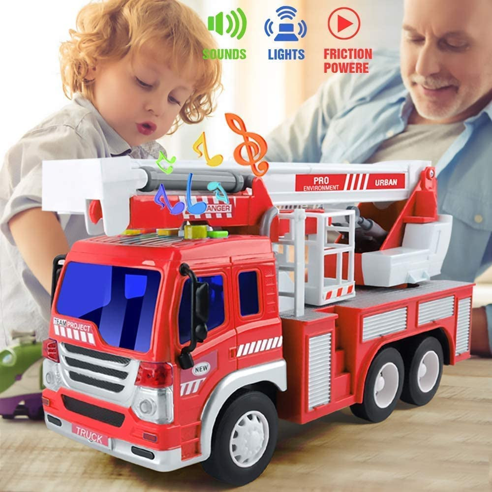 Fire Truck, Fire Truck Toy with Lights and Sounds, Extending Rescue Rotating Ladder Inertia Friction Powered Construction Vehicles Firetruck Toys, Best Gift Toy for Boys Girls Kids Ages 3-7+