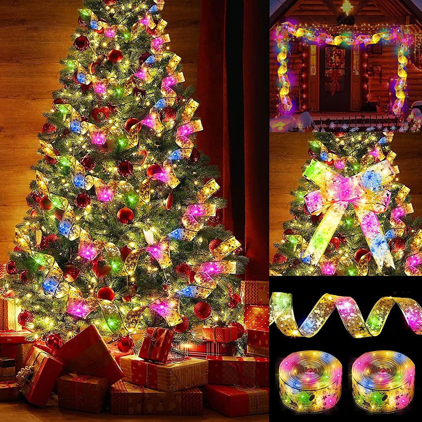 Christmas Ribbon Lights 13.2Ft 40 LED Lights Battery Powered Copper Wire Ribbon Bows String Lights for New Year Party Weddings Christmas Tree Decorations