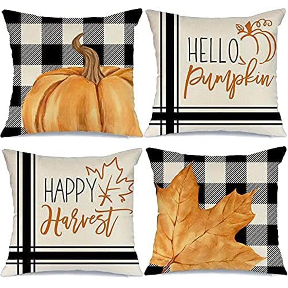 4 Pack Fall Pillow Covers, Buffalo Plaid Linen Pillowcases Maple Pumpkin Throw Cushion Cover for Home Decorations, 18X18 Inch