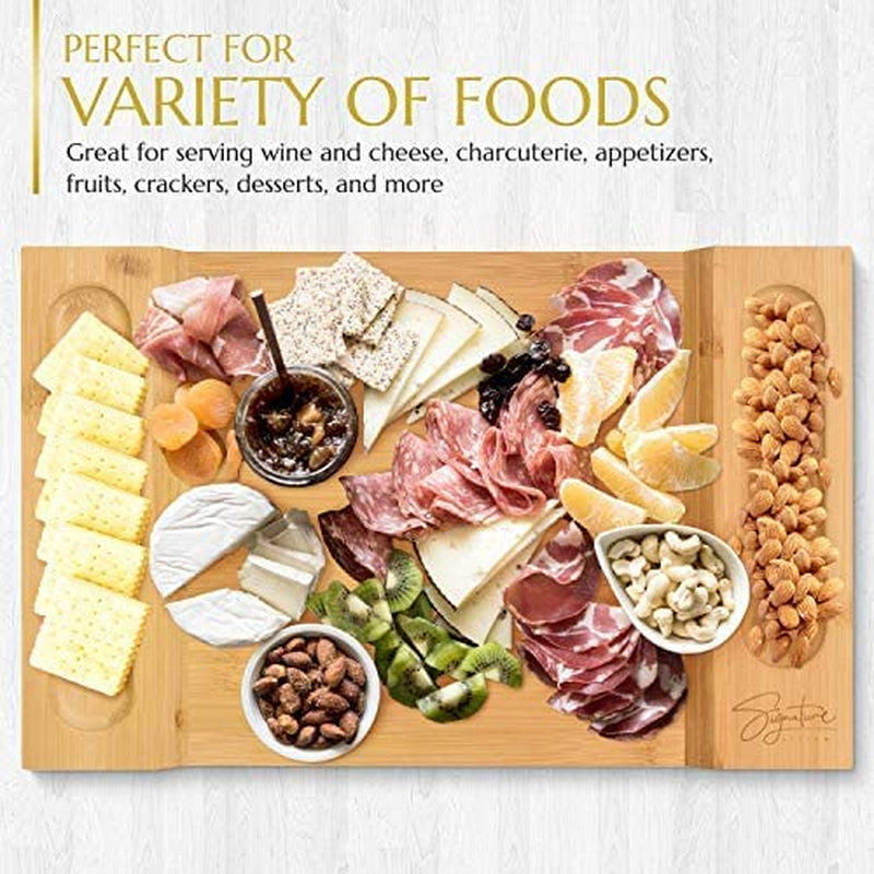 Signature Living Large Bamboo Cheese Board Charcuterie Board (16" X 10" X 1.2") Beautiful Serving Platter for Cheese, Crackers, Meat, Fruit - Durable Wooden Charcuterie Serving Board