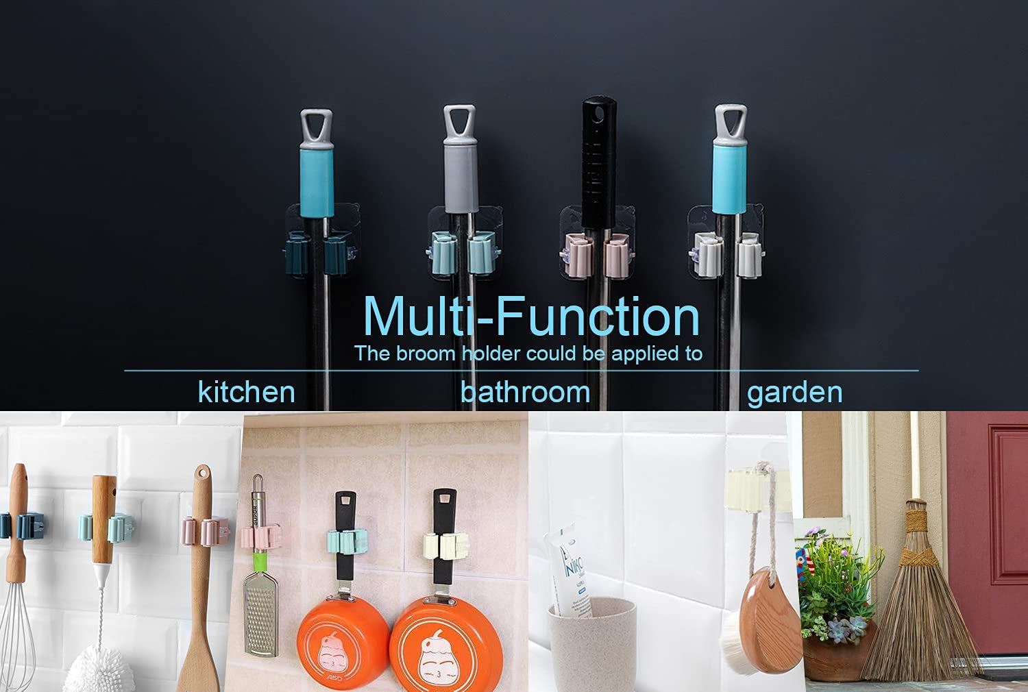 4PCS Broom Holder Wall Mount No Drill,Broom and Mop Gripper Holds Self Adhesive Super Anti-Slip,Multi-functional Organizer for Home, Kitchen, Garden, Garage Storage Systems