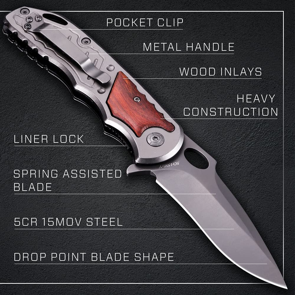 Pocket Knife - Spring Assisted Knife - Tactical Survival Folding Knives - Best EDC Camping Hiking Hunting Boy Scout Knofe Gear Accessories for Men Wood Handle Sharp Blade Knifes - Gift for Men 97010