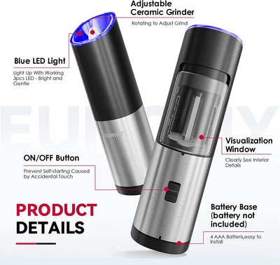 Euhomy Gravity Electric Salt and Pepper Grinder Set, Automatic Pepper Grinder and Salt Mill Battery Powered, LED Light, Adjustable Coarseness, One Hand Operated Pepper Grinder with Safety Switch.