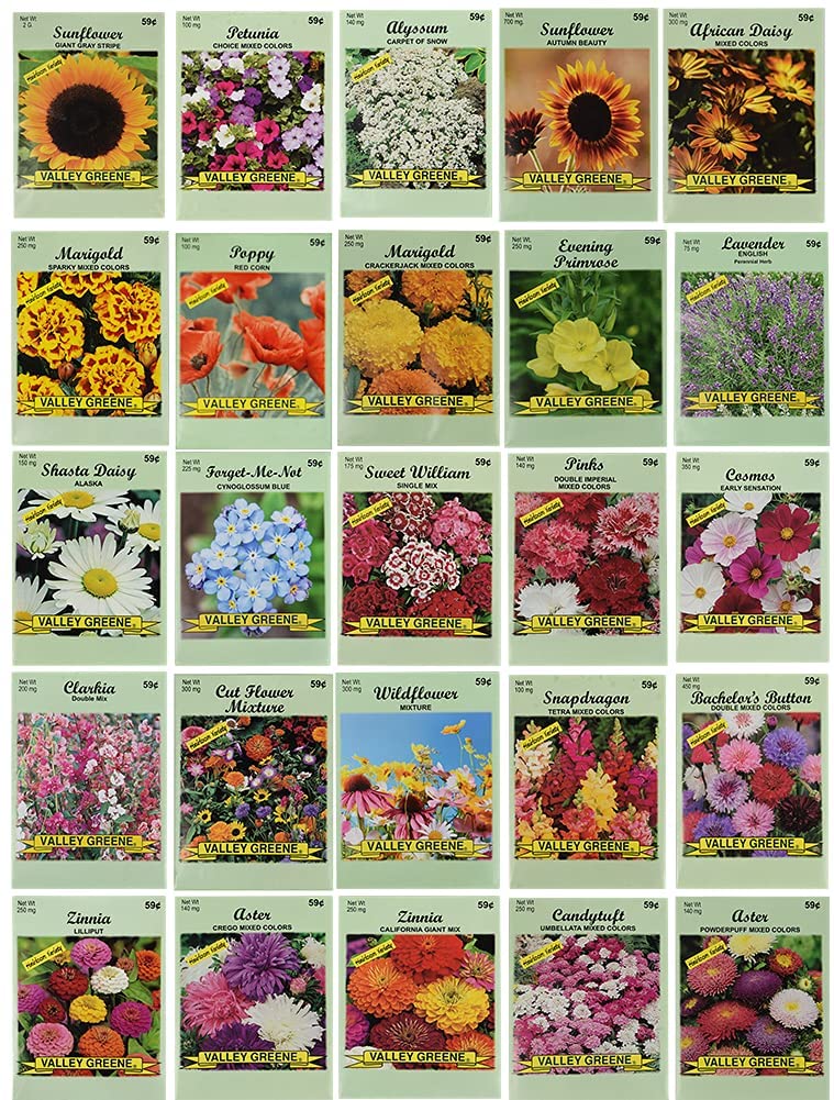 25 Slightly Assorted Flower Seed Packets - Includes 10+ Varieties - May Include: Forget Me Nots, Pinks, Marigolds, Zinnia, Wildflower, Poppy, Snapdragon and More - Made in the USA