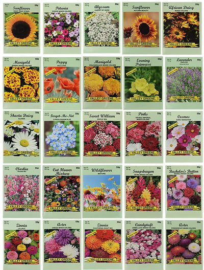 25 Slightly Assorted Flower Seed Packets - Includes 10+ Varieties - May Include: Forget Me Nots, Pinks, Marigolds, Zinnia, Wildflower, Poppy, Snapdragon and More - Made in the USA