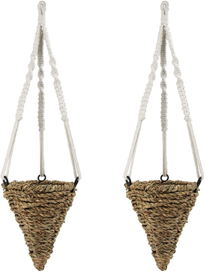 Drware 2 Pack Hanging Planter Basket, 4.7X 5 Inch Handmade Bamboo Hanging Basket, Indoor Plant Pots for Flowers Fake Plants, Iron Ring Fixed Woven Basket for Home Decor