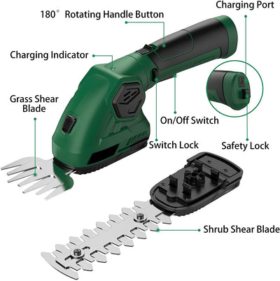2 in 1 Rechargeable Cordless Shears - Grass Trimmer, Bush Trimmer with Blade Guard, Lithium-Ion Battery and Charger Included, Suitable for Gardens & Lawns