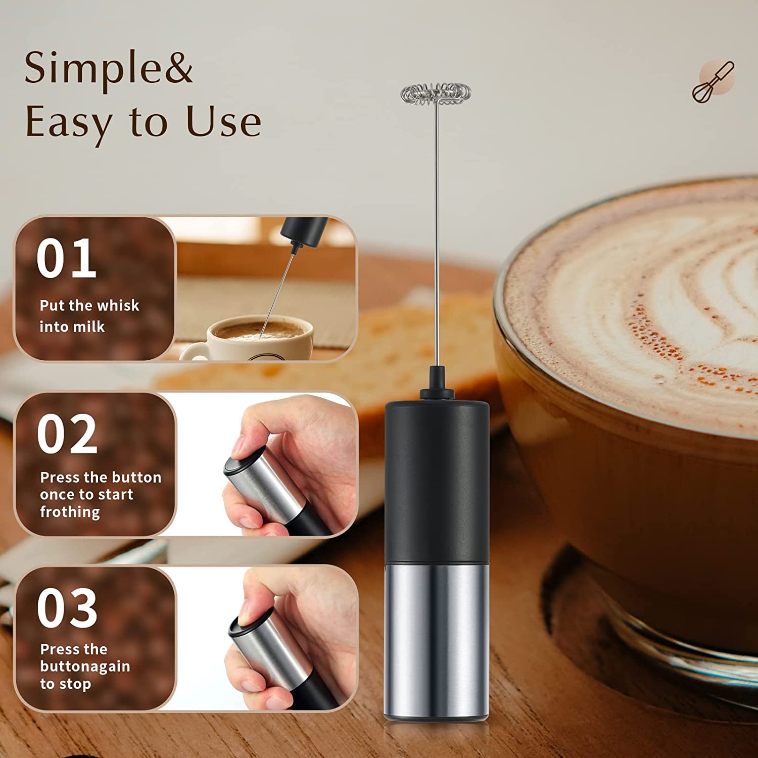 Milk Frother Handheld for Coffee, Electric Whisk Drink Mixer for Lattes, Milk Foamer, Mini Blender Foam Maker for Lattes, Cappuccino, Hot Chocolate