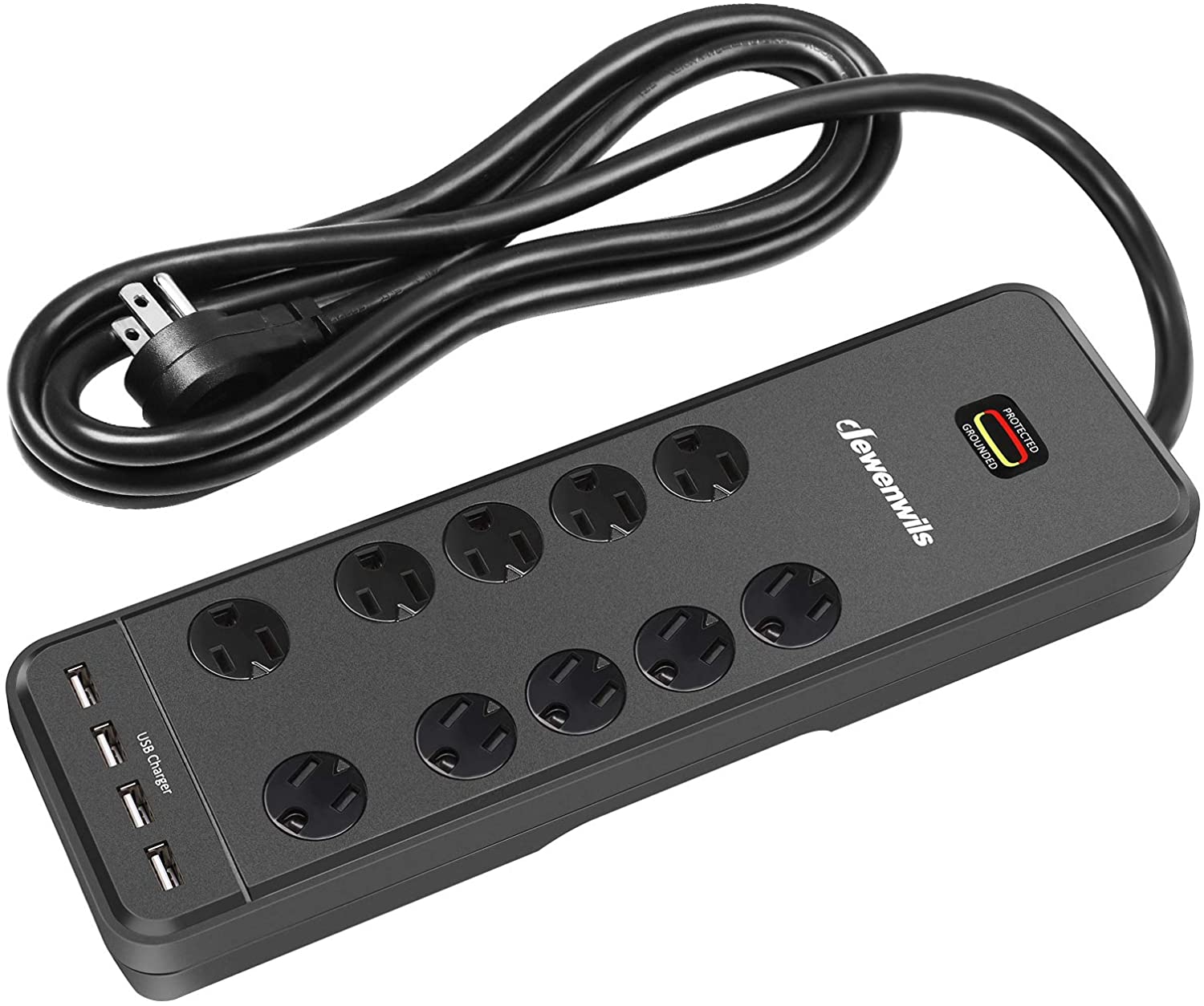 Surge Protector Power Strip with 10-Outlet and 4 USB Ports, 6 FT Flat Plug Extension Cord for Home Office, 2480Joules, 15A Circuit Breaker, Wall Mountable, Black, UL Listed