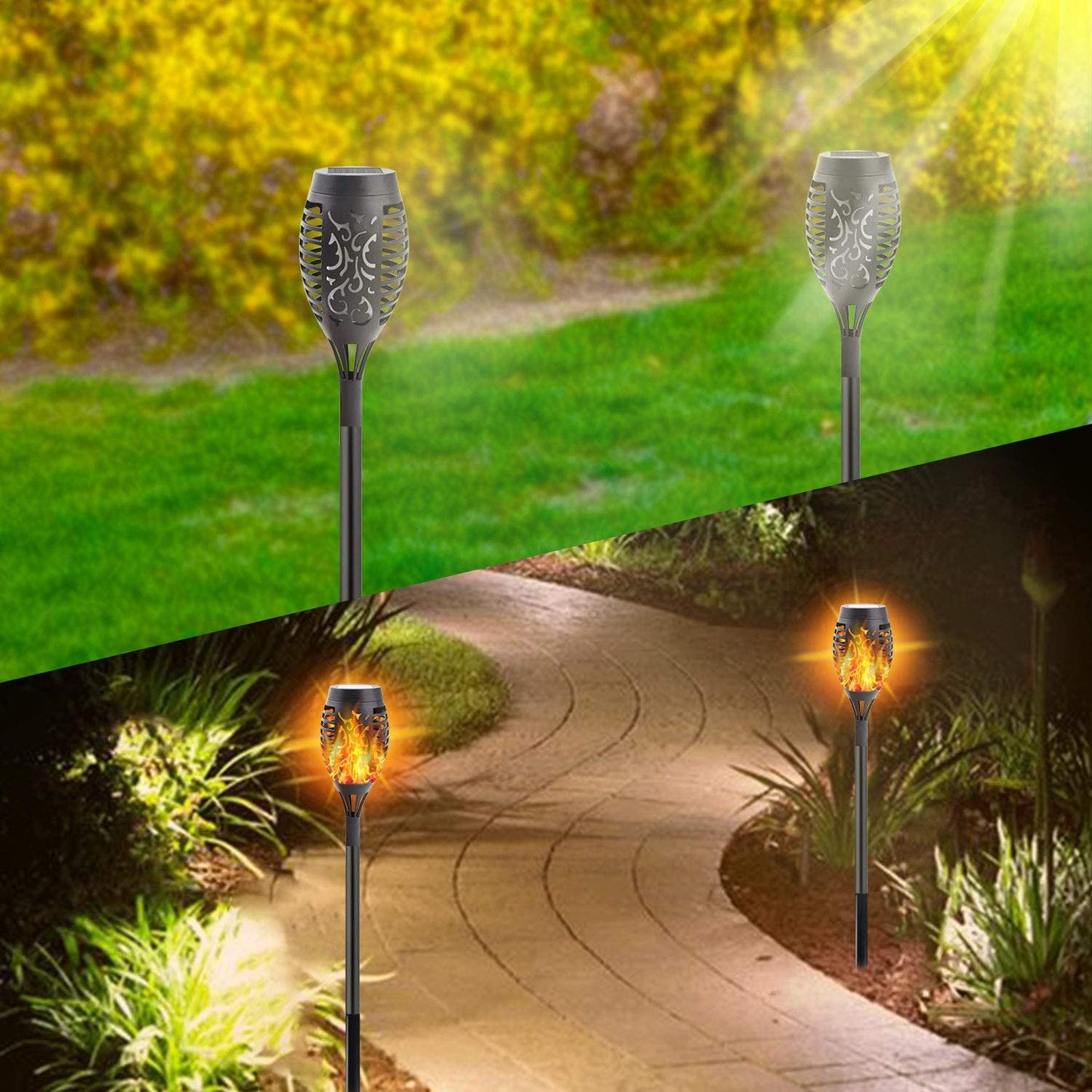 KAQ 4PK 20In Solar Lights Outdoor, Upgraded Solar Torch Light with Flickering Flame, Dusk to Dawn Auto On/Off Waterproof Landscape Lighting for Patio Pathway Garden Yard Decorations
