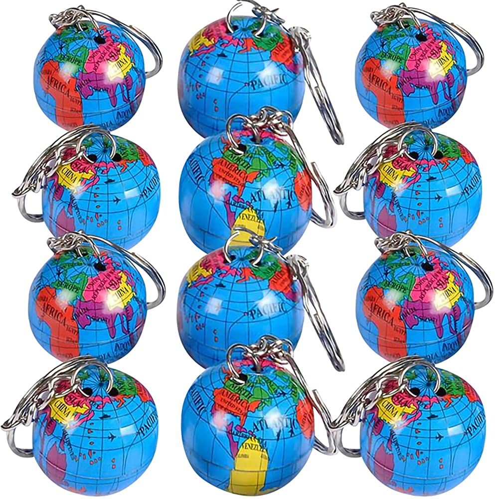 Globe Keychains for Kids, Set of 12, Key Chains with Colorful Globe, Accessories for Keys, Backpack, or Pocket Book, Keyholder Birthday Party Favors, Carnival Party Favors for Children