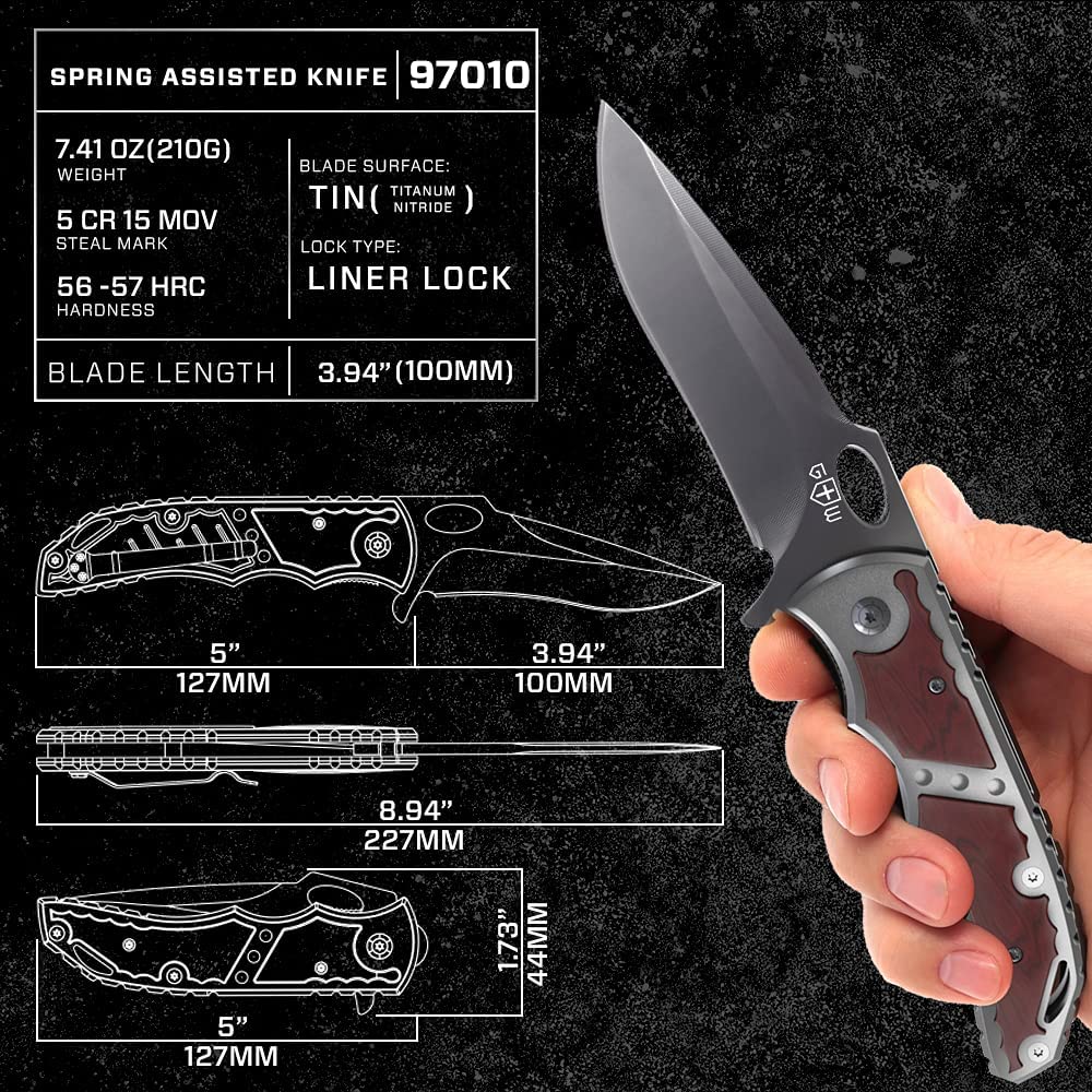 Pocket Knife - Spring Assisted Knife - Tactical Survival Folding Knives - Best EDC Camping Hiking Hunting Boy Scout Knofe Gear Accessories for Men Wood Handle Sharp Blade Knifes - Gift for Men 97010