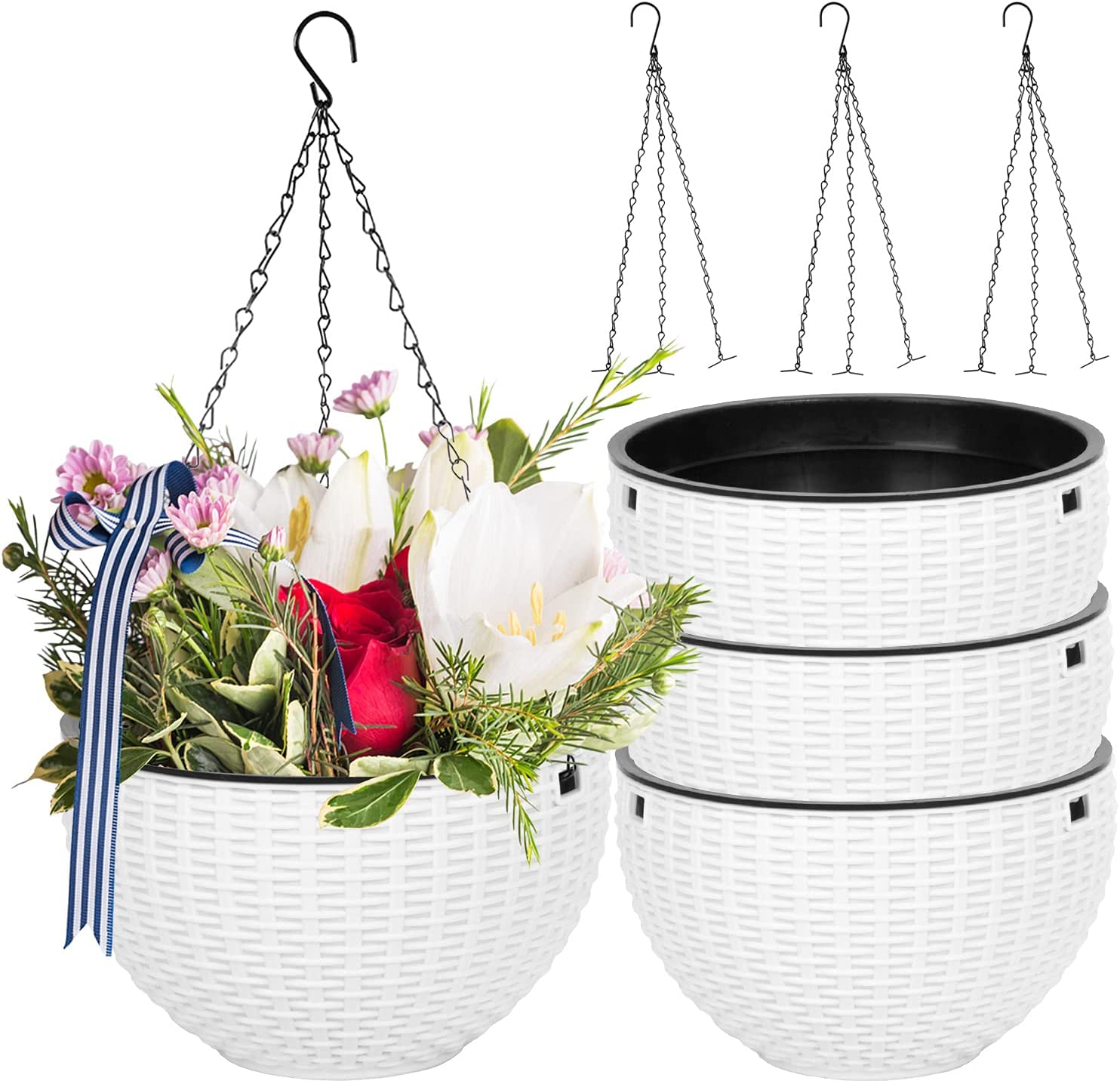 Set of 4 White Hanging Planter Basket Outdoors, Laerjin Hanging Flower Pots with Drainage Holes, 6.6 Inch Indoor Outdoor Balcony Patio Hanging Basket 