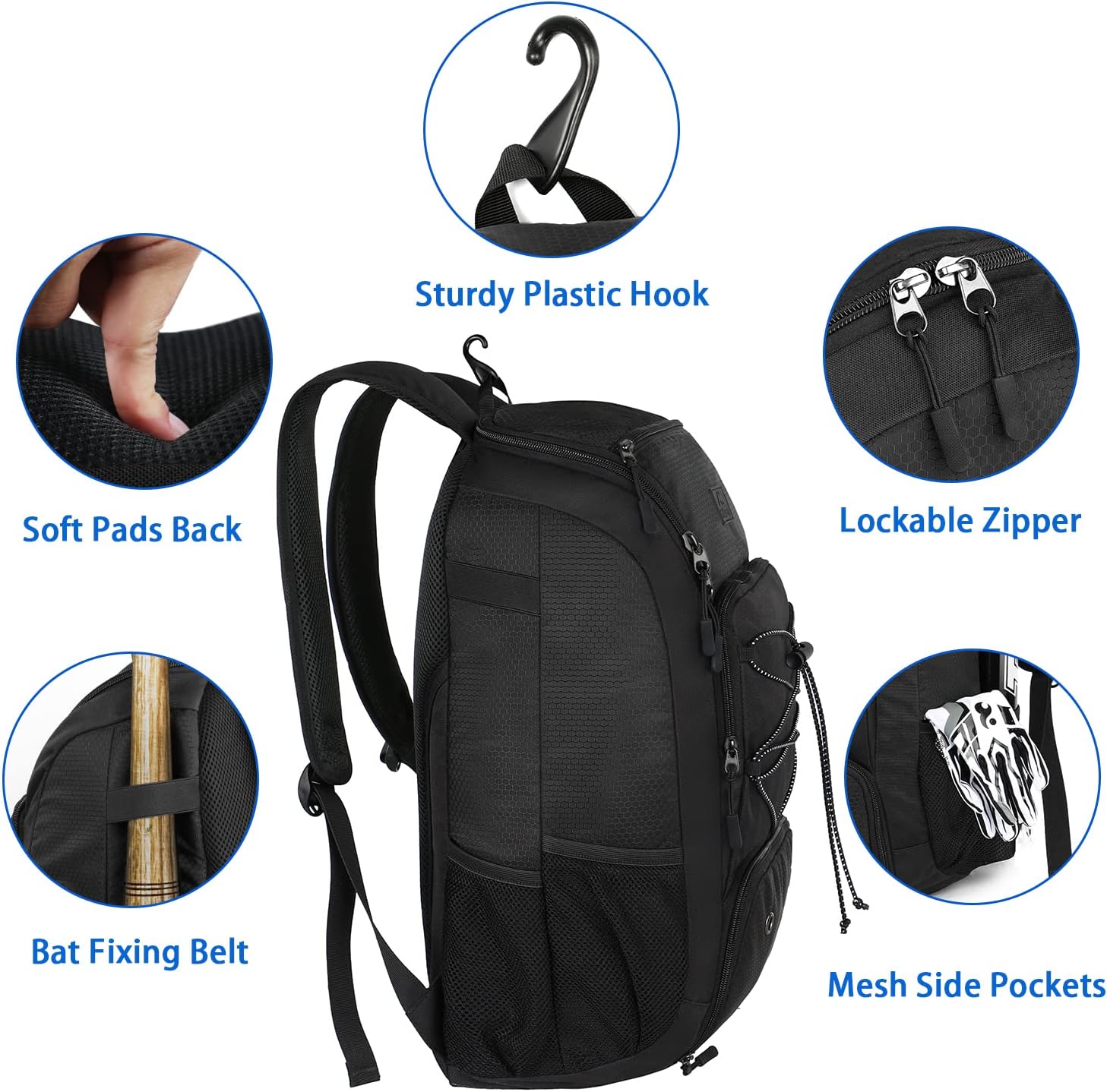 29L Baseball Backpack, Softball Bat Bag with Shoes Compartment Lightweight Baseball Bag with Fence Hook 