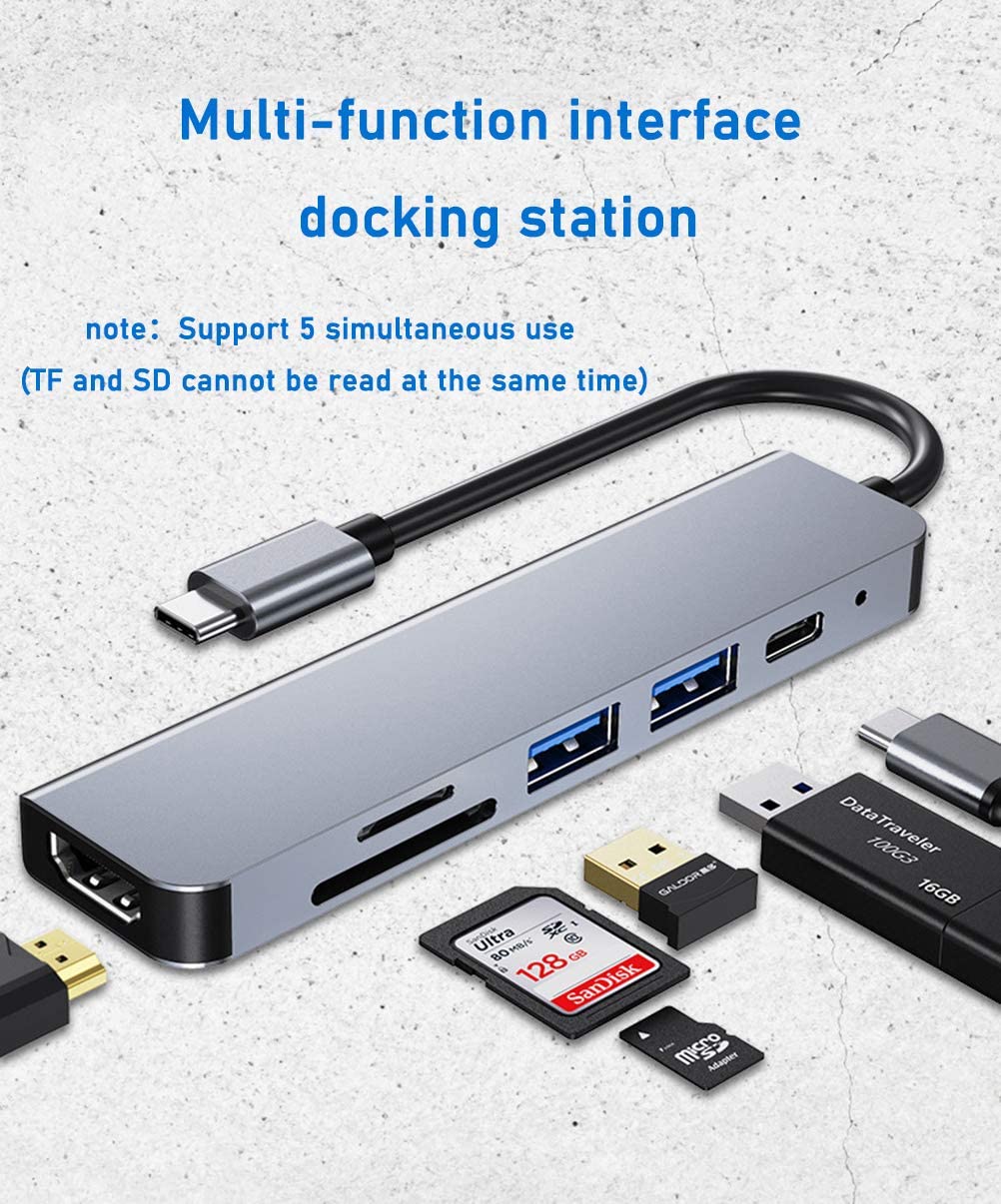 Toppdi USB C Hub Adapter 6 in 1 USB C to HDMI Multiport Adapter for Macbook/Pro/Air/Ipad Pro Adapter Compatible with USB C Laptops and More Type C Devices (4K HDMI USB SD / TF Card Reader 87W PD)