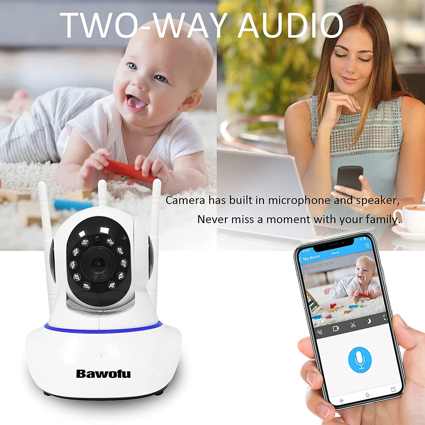 1080P Home Wireless Indoor IP Security Camera with 2 Way Audio, Support 4G Data Card Tray Expansion and USB Antenna, Free Motion Alerts Night Vision for Pet/Nanny Compatible SD Card up to 128G