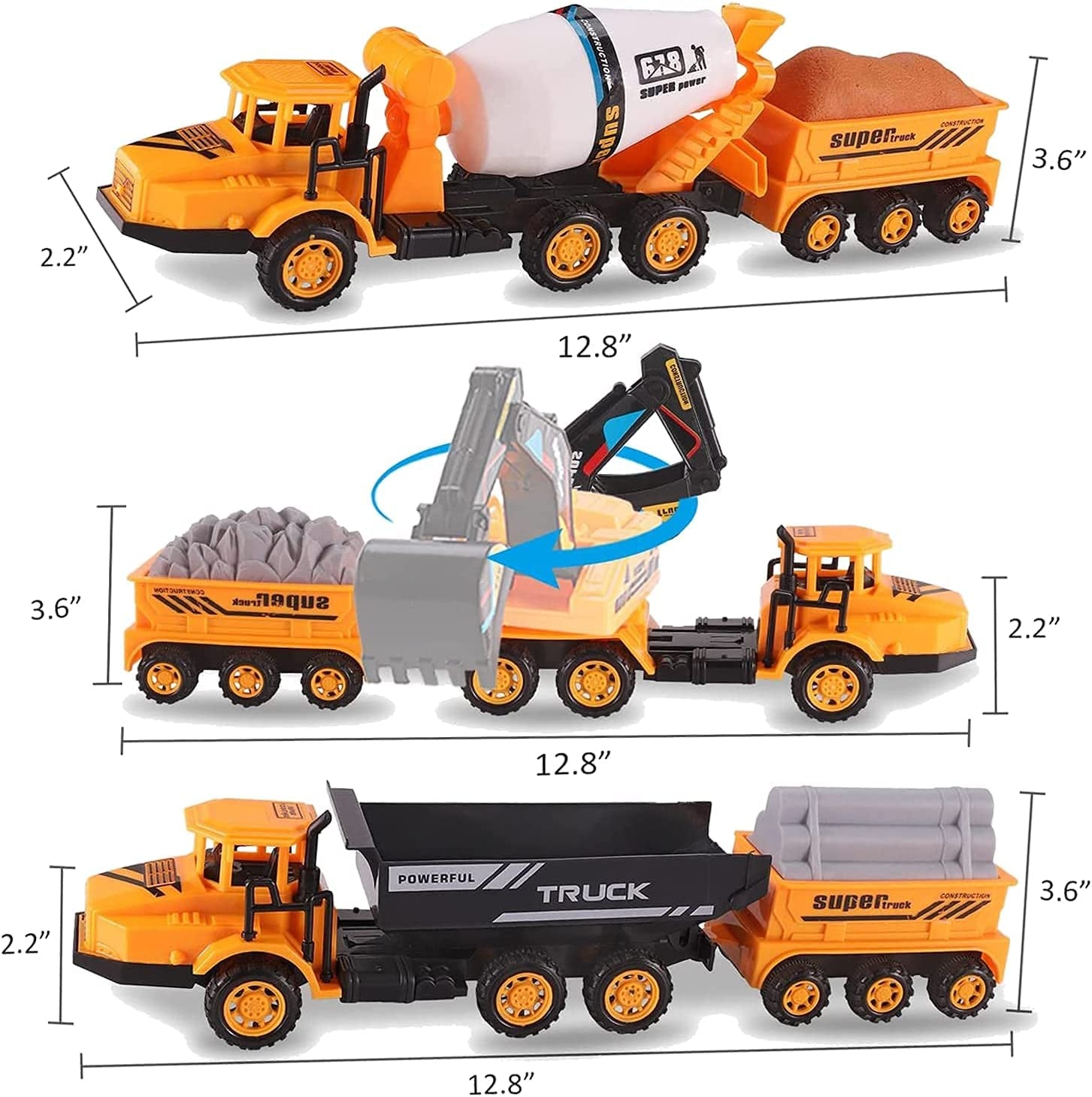 Big Rig Construction Tow Trucks W/ Trailers Toy Cargo Transport Vehicles Playset - Kids Hauler Play Set W/ Dump Truck, Cement Mixer, Excavator (3 Pack)