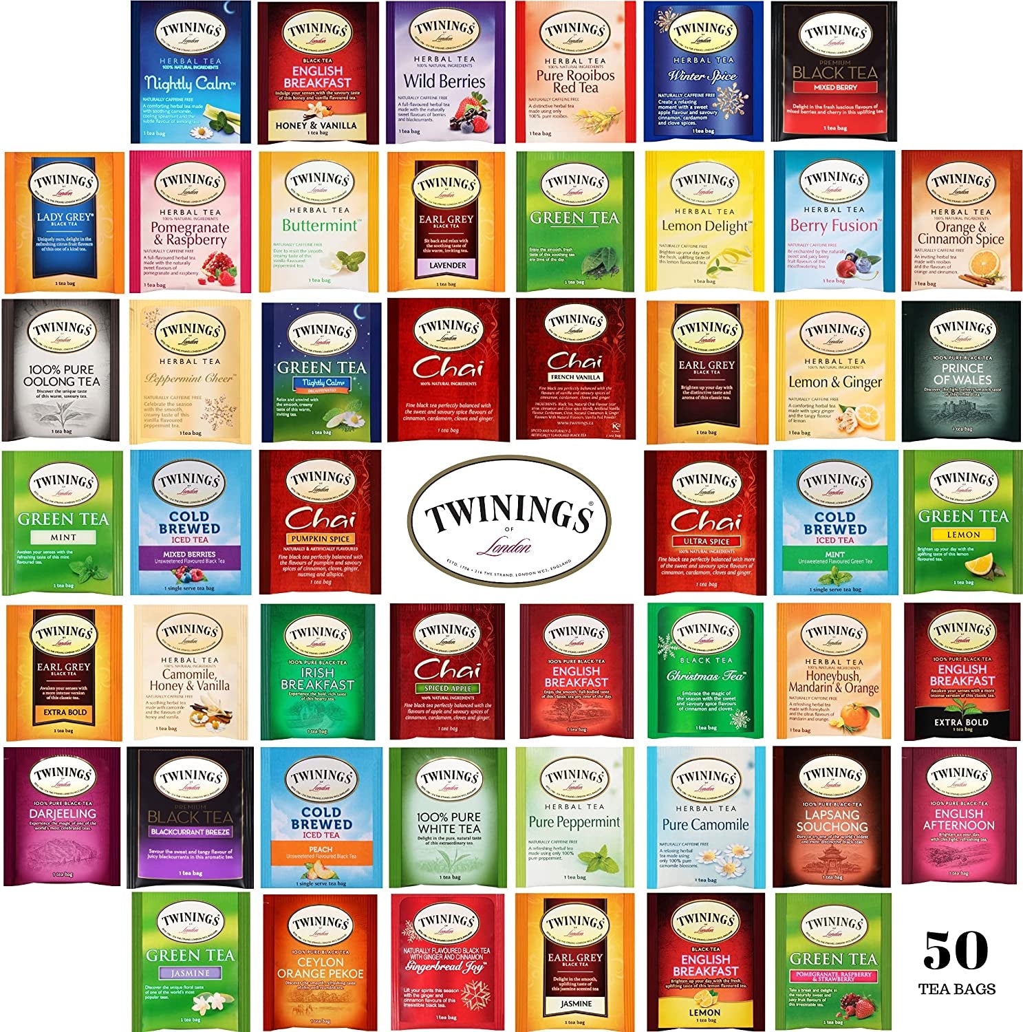 50 Ct, 50 Flavors - Twinings Tea Bags Sampler Set - Caffeinated, Caffeine-Free and Decaf Assortment - Individually Wrapped Flavored Packets