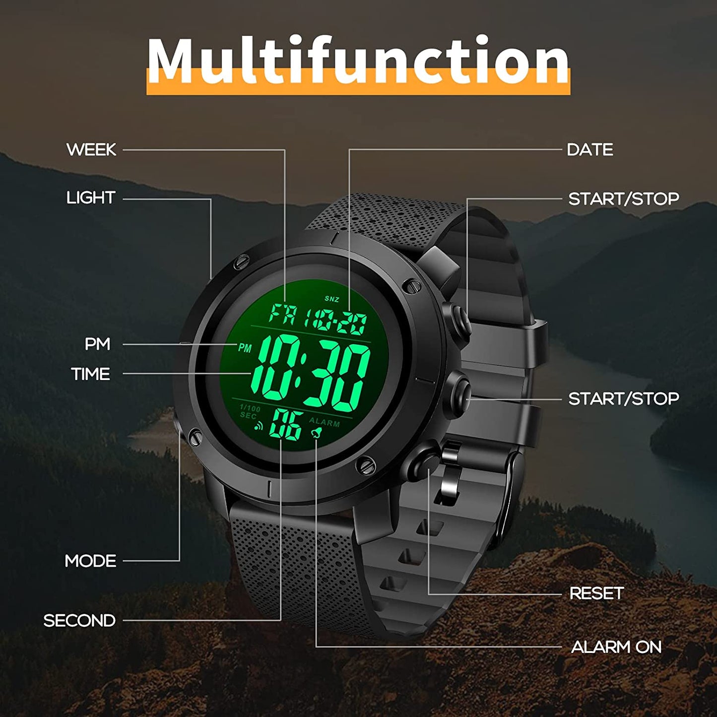 Men's Digital Sports Military Watch Large Face Simple Wrist Watches Fashion LED Digital Display Silicone Band Watches with Stopwatch Alarm