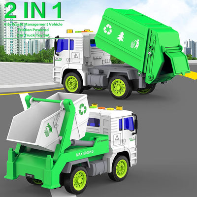 Garbage Truck Toys, 2 in 1 Friction-Powered Trash Truck Toys with Light and Sound, Back Dump Garbage Recycle Truck Toy Set with 4 Trash Cans, Playmobile Toy for Kids