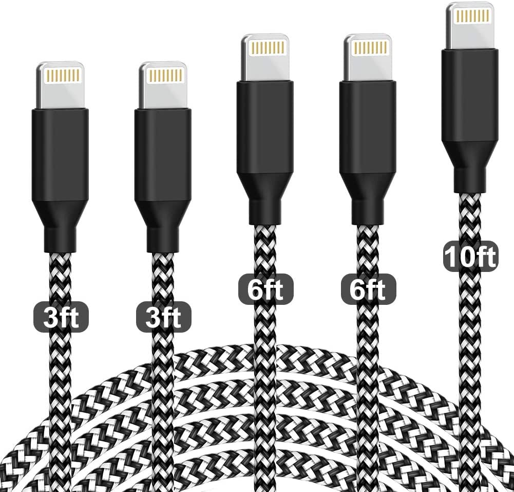 5-Pack Apple Mfi Certified iPhone Charger Lightning Cable - 3/3/6/6/10FT - Nylon Braided Compatible iPhones