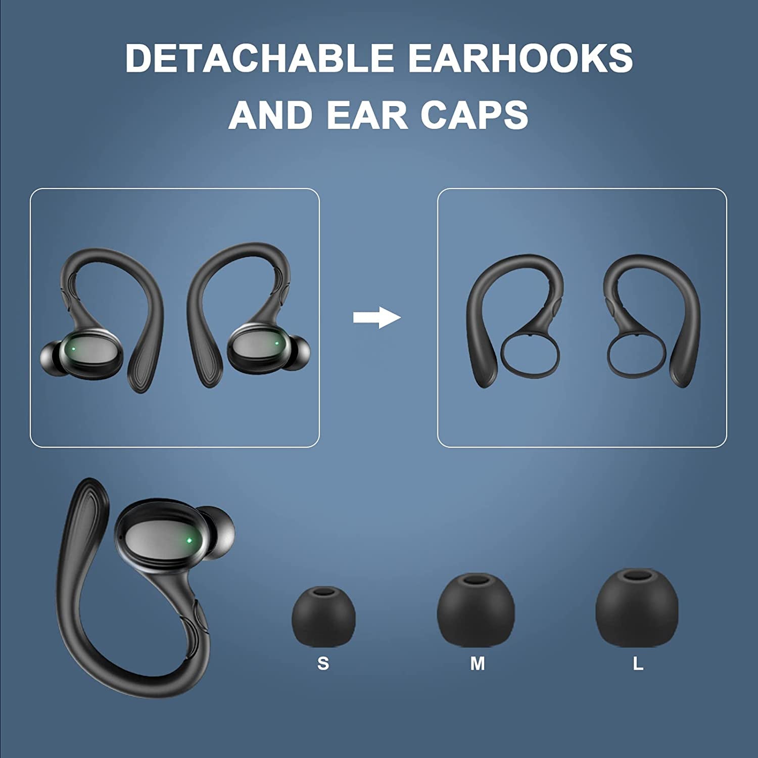 Wireless Earbud, Sports Bluetooth 5.1 Headphones with Detachable Earhooks, Deep Bass Wireless in Ear Earphones with HD Mic, CVC8.0 Noise Reduction, 48Hrs Playtime, IP7 Waterproof, Headset for Running