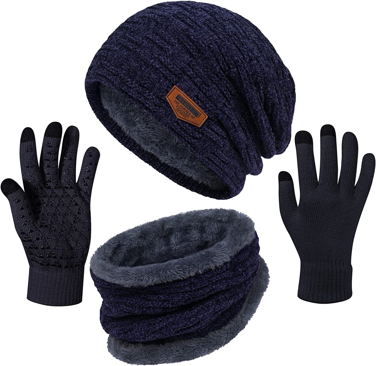 3 Pieces Winter Beanie Hat, Scarf and Touchscreen Gloves Set for Men and Women Slouchy Warm Fleece Lined Caps Neck Warmer