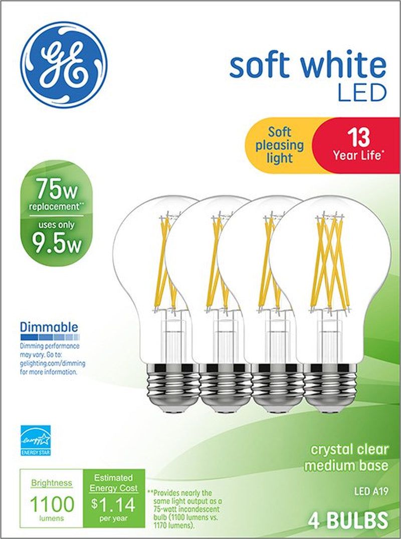  4Pk GE Soft White LED Light Bulbs, 60 Watt Eqv, A19 General Purpose