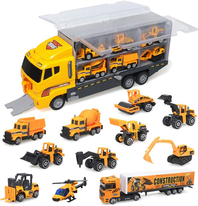 Construction Truck Toys Sets,11 in 1 Mini Die-Cast Truck Vehicle Car Toy in Carrier Truck,Gifts for 3 + Years Old Kids Boys Girls