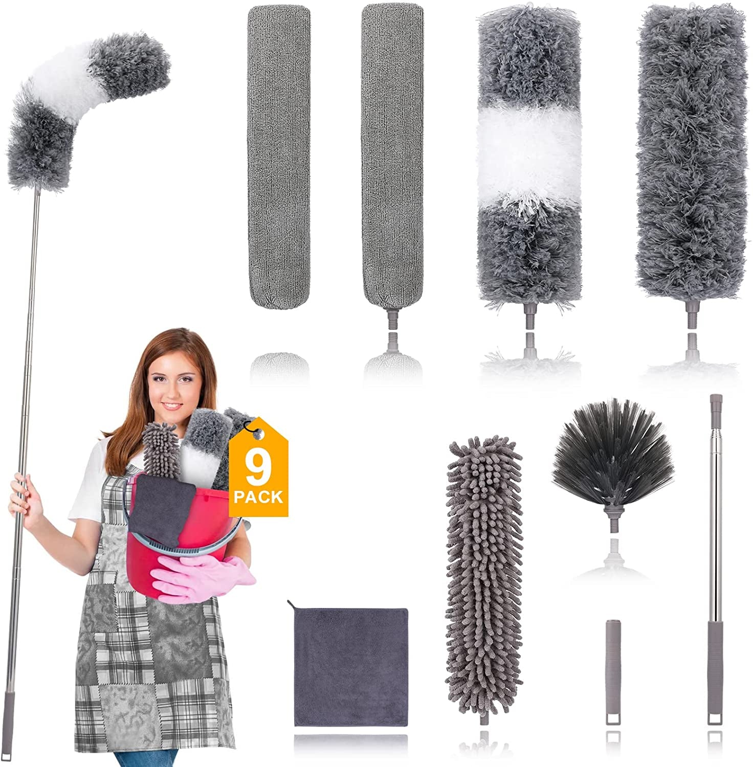 9PCS Microfiber Extendable Feather Duster (Stainless Steel) 30 to 100 Inches