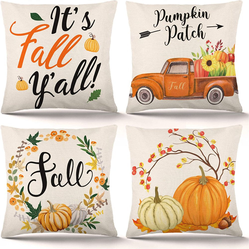 Fall Pillow Covers 18×18 Inch Set of 4 Autumn Pumpkin Pillow Covers Holiday Rustic Linen Pillow Case for Sofa Couch Farmhouse Thanksgiving Fall Decorations Throw Pillow Covers