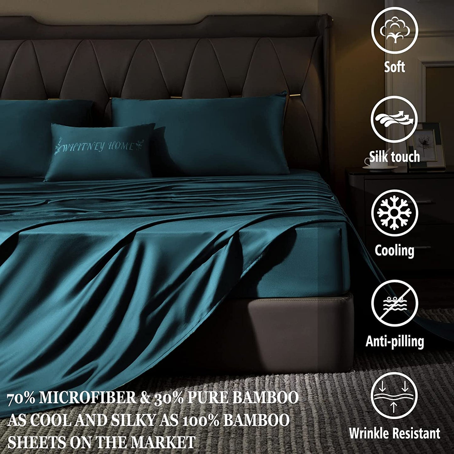 Bamboo Sheet Set Soft Silky Cooling Bed Sheet Set 4 Piece Lightweight Anti-Pilling Cool Wrinkle Free with 16" Extra Deep Pocket