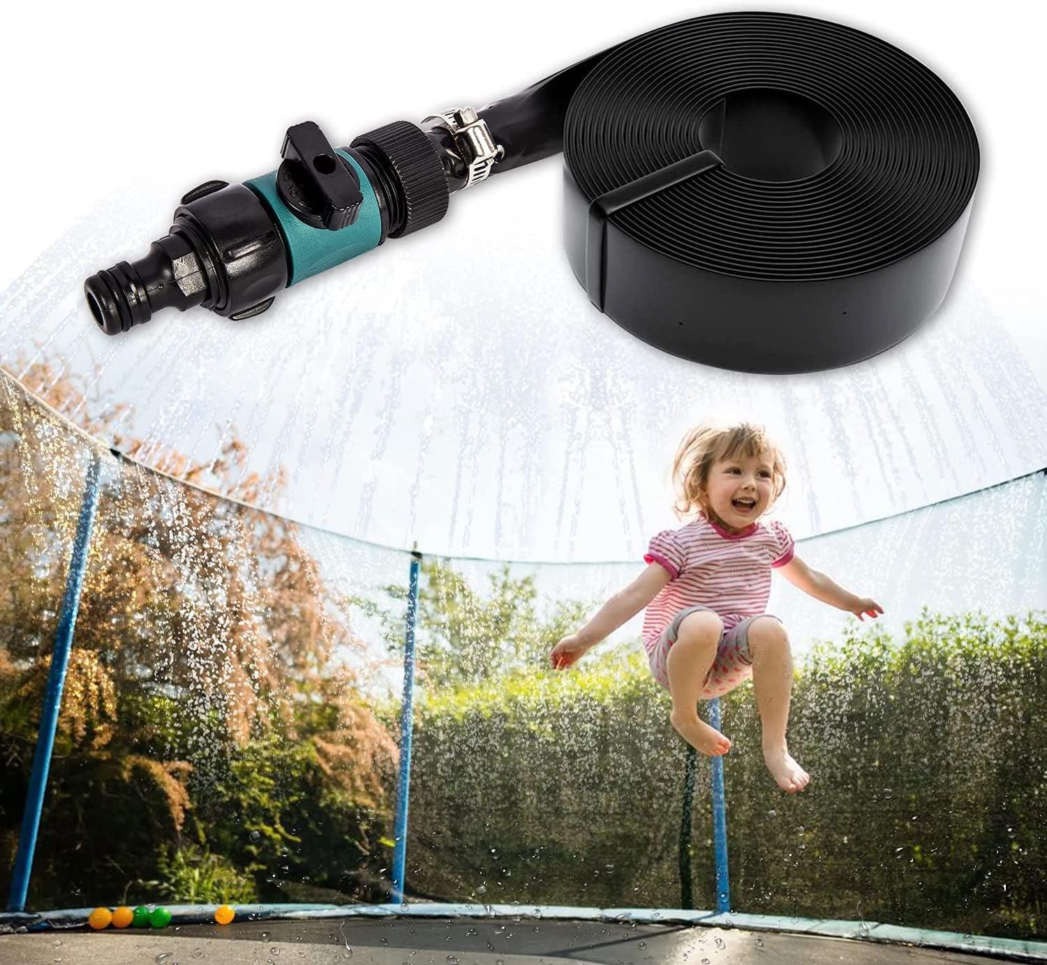 39FT Trampoline Sprinklers Sprayer for Trampoline Net Outdoor Water Park Ajustable Length Sprinker Hose Toys Cooling Kit for Kids Boys Girls with Instruction