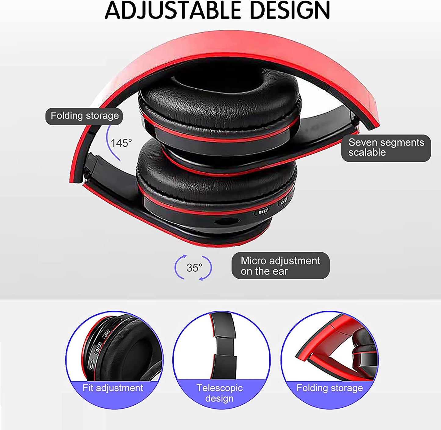 Over Ear Bluetooth Headphones, Foldable LED Stereo Headphones with Built-In Microphone, Noise-Cancelling Wireless Headset for Pc, Smart Phone, TV