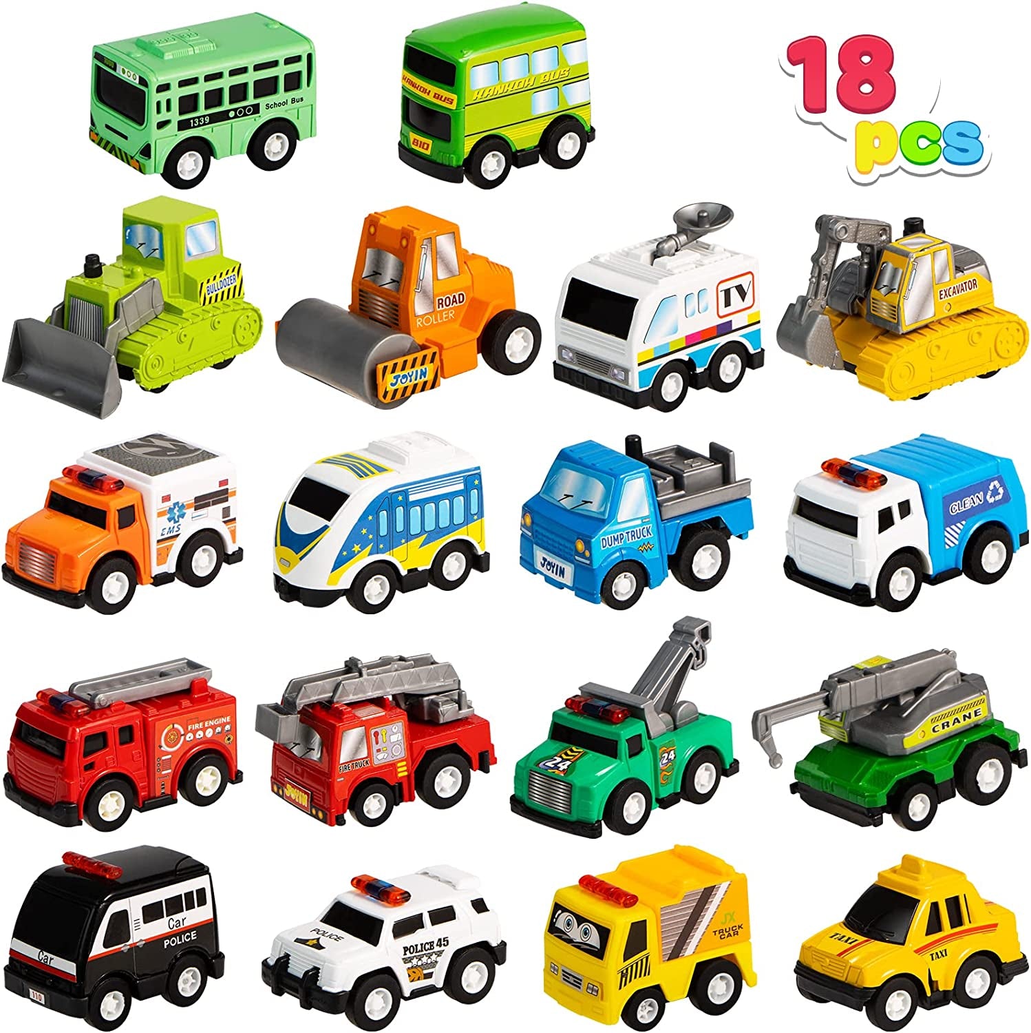 18 Piece Pull Back City Cars and Trucks Toy Vehicles Set Model Car, Friction Powered Die-Cast Cars for Toddlers, Boys, and Girls’ Educational Play, Easter Basket Stuffers Egg Fillers
