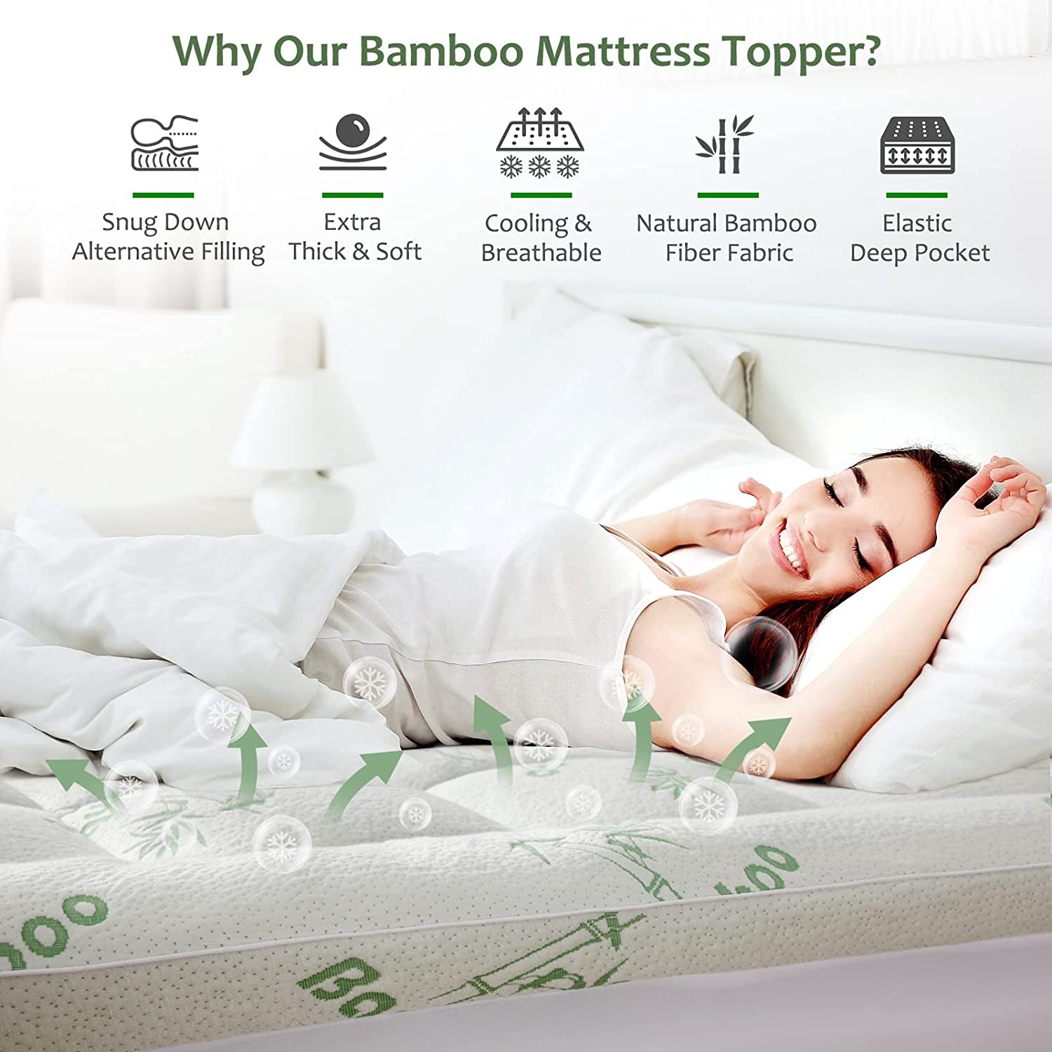 Bamboo Mattress Topper Queen Size with 8-21" Deep Pocket Mattress Pad for Back Pain Pillow Top Mattress Cooling Cover Quilted Mattress Protector with down Alternative Fill (60X80)