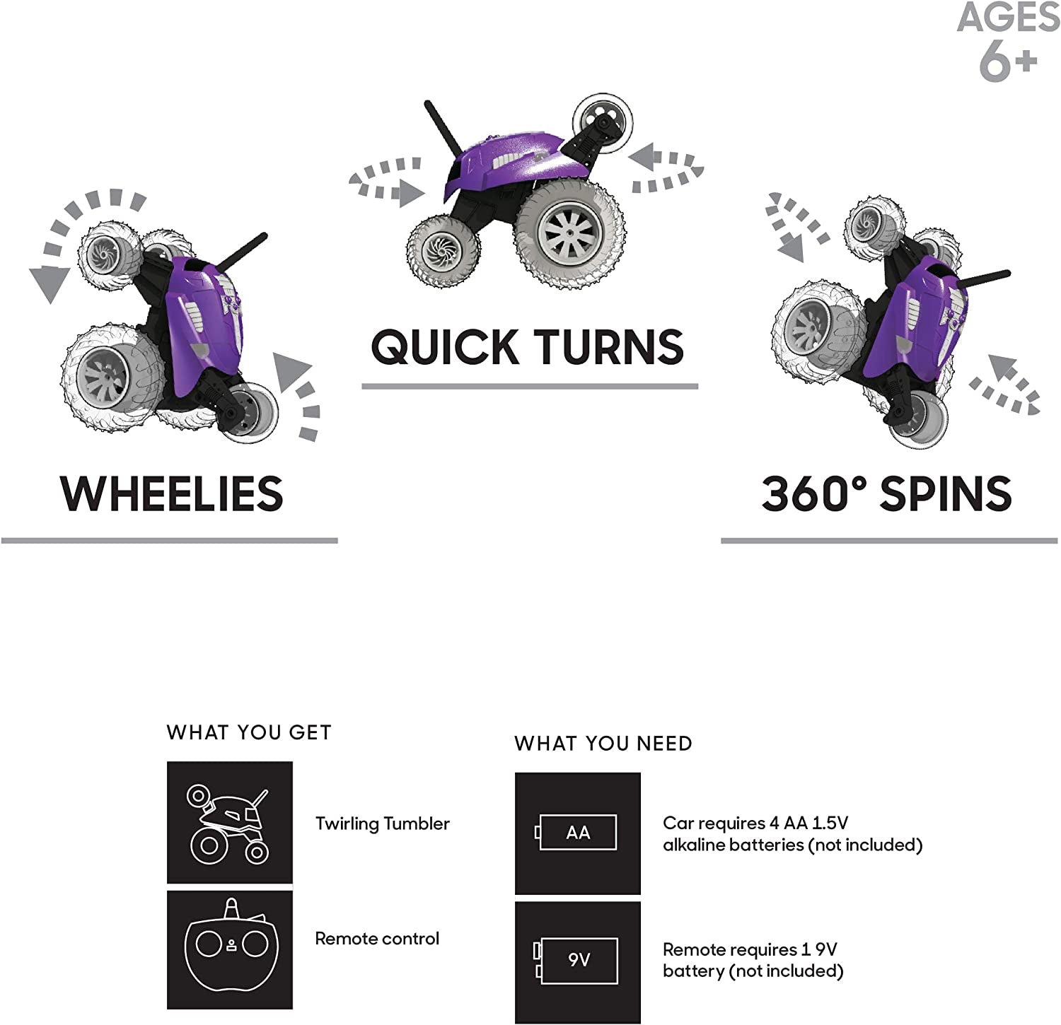 SHARPER IMAGE Thunder Tumbler Toy RC Car for Kids, Remote Control Monster Spinning Stunt Mini Truck for Girls and Boys, Racing Flips and Tricks with 5Th Wheel, 27 Mhz Purple