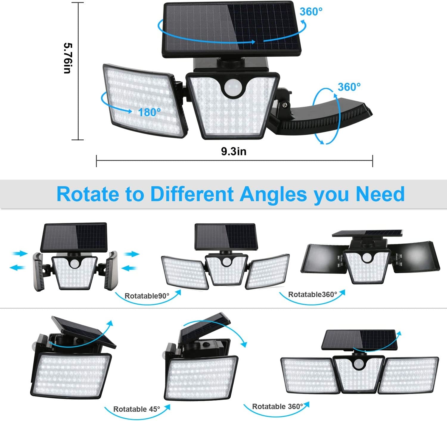 Upgrade Solar Security Lights Outdoor 265 LED, Super Bright Adjustable 360° 3 Heads with 2 Modes, Motion Sensor 40Ft - IP65 Waterproof Flood Spotlights for Garden Patio