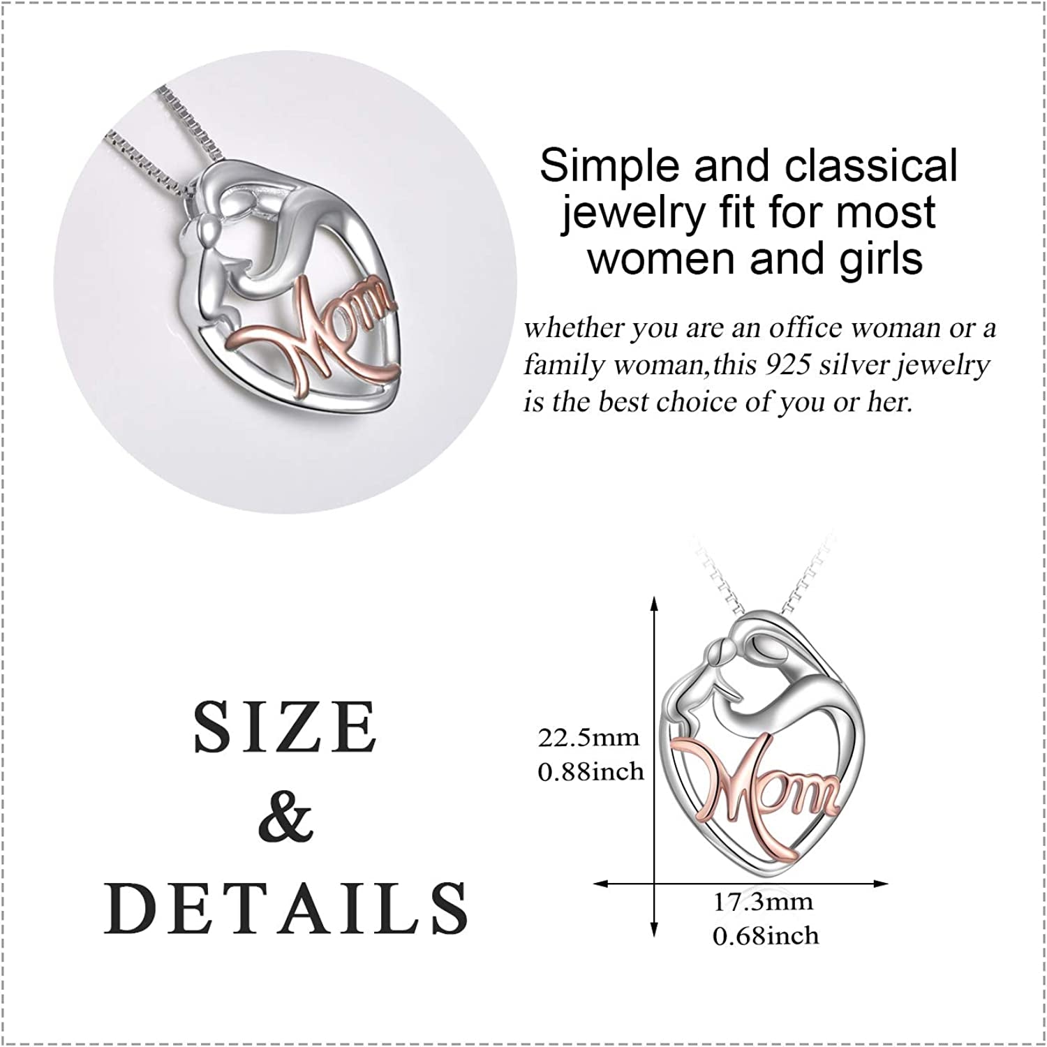 925 Sterling Silver Mother and Child Love Heart Pendant Necklace 