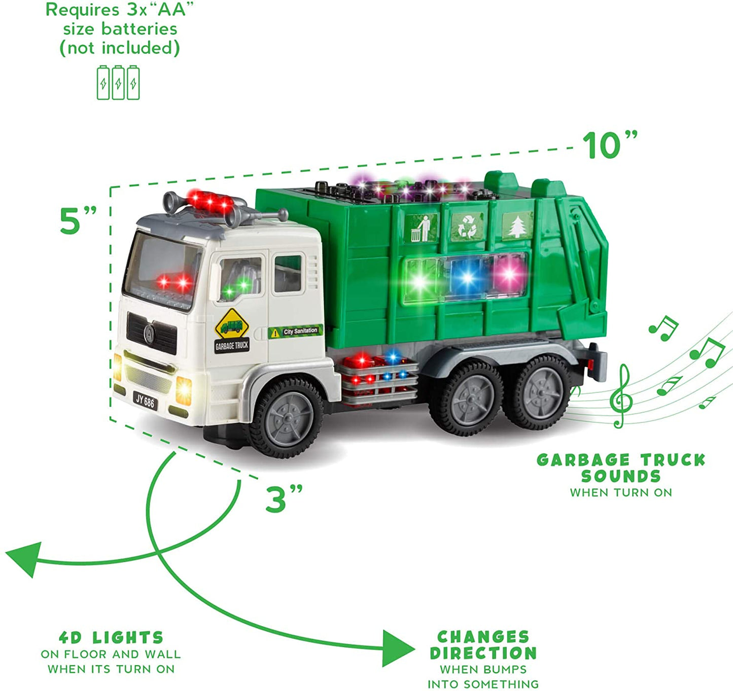 Toy Garbage Truck for Kids with 4D Lights and Sounds - Battery Operated Automatic Bump & Go Car - Sanitation Truck Stickers