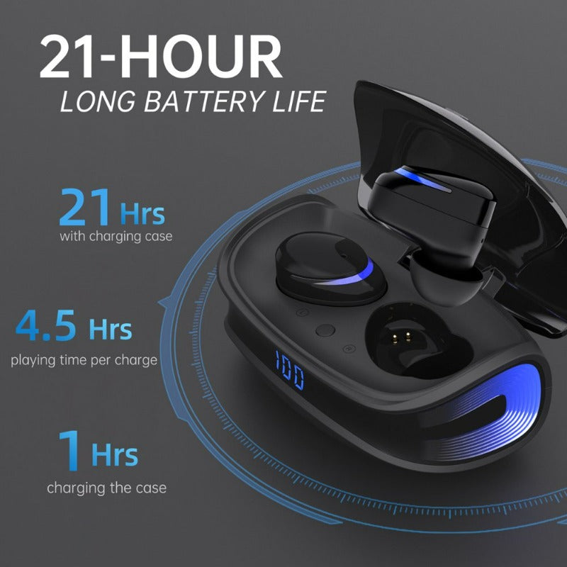  Bluetooth 5.0 Headphones IPX8 Waterproof, Hight-Fidelity Stereo Sound Quality in Ear Headset, Built-In Mic LED Charging Case & 21 Hours Playtime