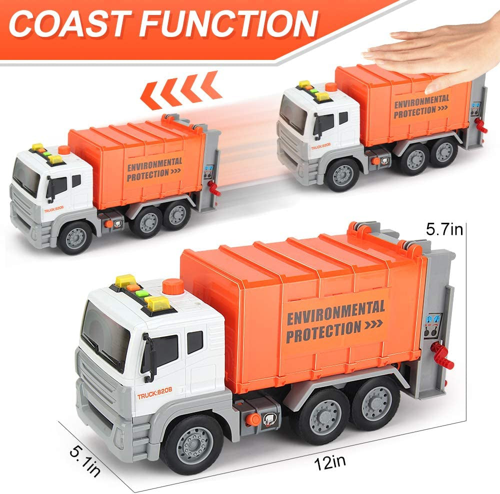 12" Garbage Truck Toys Trash Truck Dump Truck with 4 Garbage Cans, Friction Powered Truck with Sound and Light ,Push and Go Pull Back Car for Boys